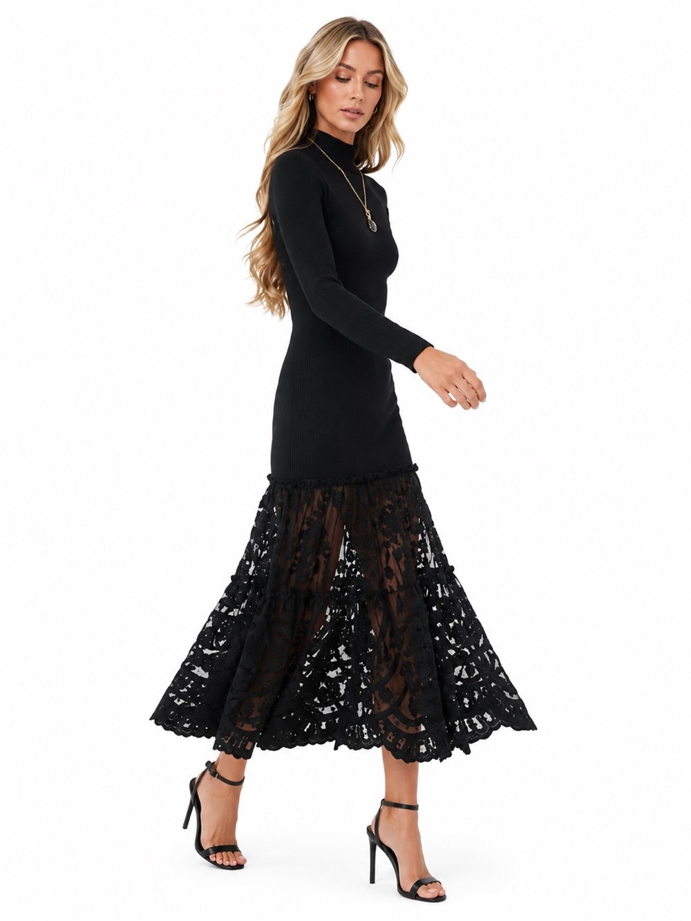 Sea New York Joelle Black Wool ribbed Lace dark Romance Maxi Dress XS NWT gothic
